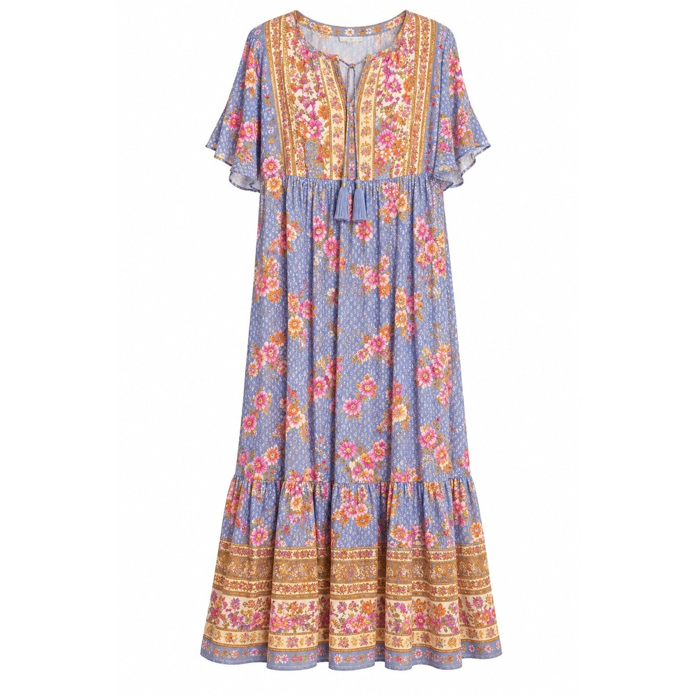 Rusttydustty Plus Size 3XL Blue Pink Floral Border Print Empire Waist Maxi Dress